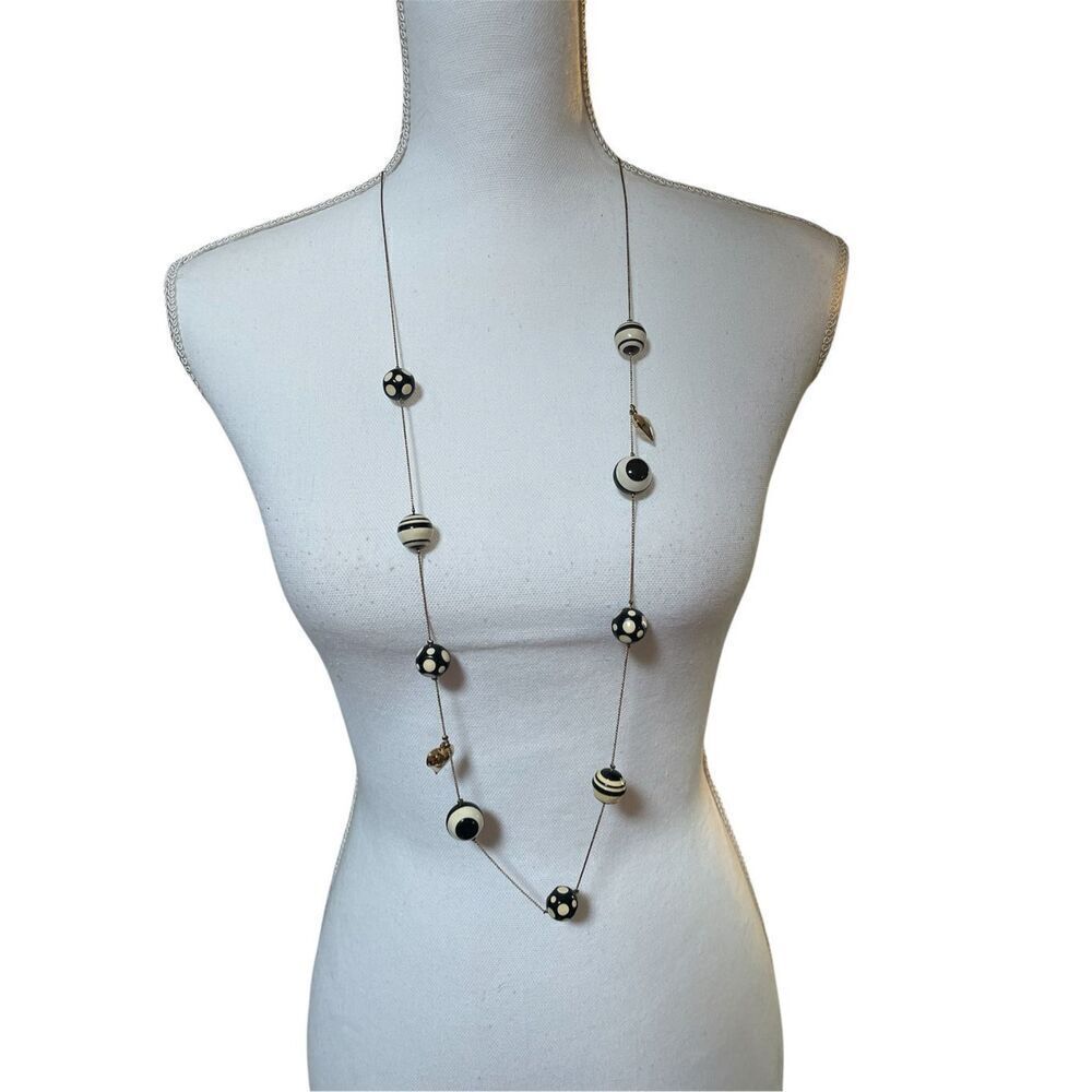 Betsey Johnson Black White Beaded Necklace with Gold Accents Adjustable Vintage